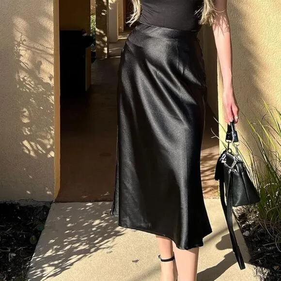 Black satin midi skirt