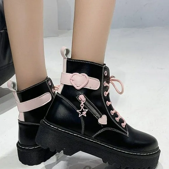 Black &amp; Pink Heart Lace -up Combat Boot | Women Lolita Star Street Style #779
