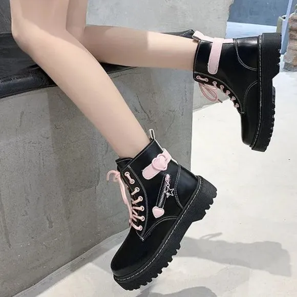 Black &amp; Pink Heart Lace -up Combat Boot | Women Lolita Star Street Style #779