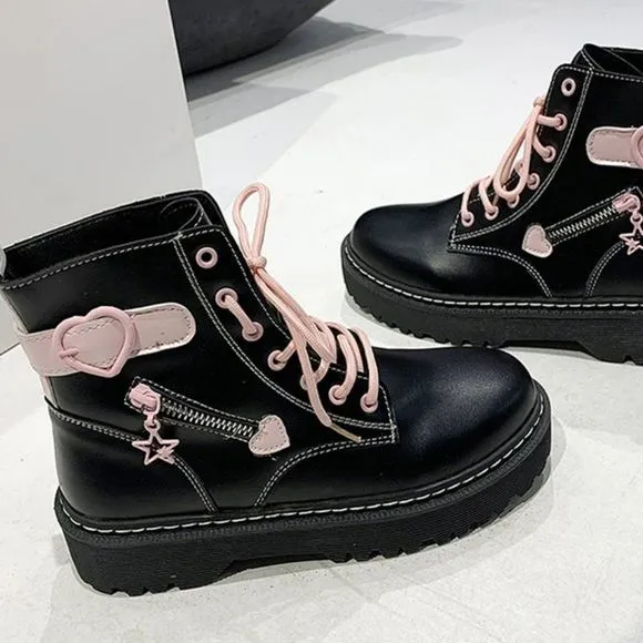 Black &amp; Pink Heart Lace -up Combat Boot | Women Lolita Star Street Style #779