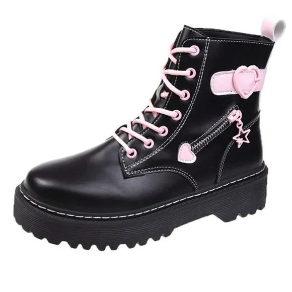 Black &amp; Pink Heart Lace -up Combat Boot | Women Lolita Star Street Style #779