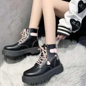 Black &amp; Pink Heart Lace -up Combat Boot | Women Lolita Star Street Style #779