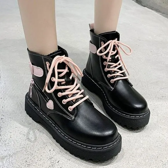 Black &amp; Pink Heart Lace -up Combat Boot | Women Lolita Star Street Style #779