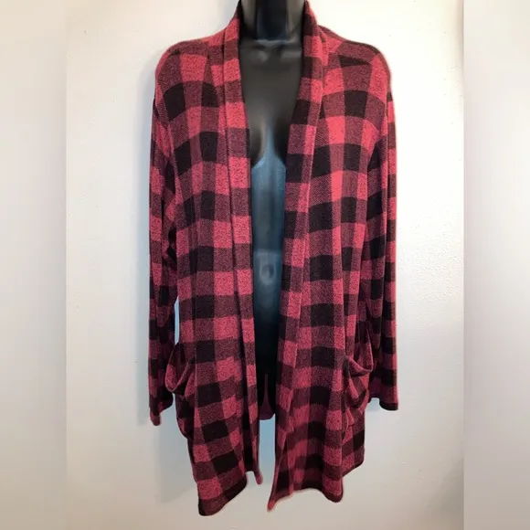 Bobeau Red Plaid Cardigan Comfy Casual Designer Fishermen Boyfriend Sweater 1X