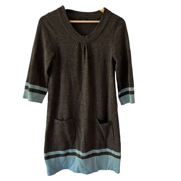 Boden Grey and Blue Wool Scoop Neck 3/4 Sleeve Midi Sweater Dress Size 12R