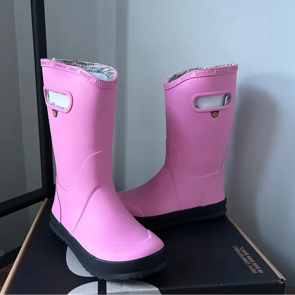 BOGS Bloom kids rubber boots plush lining with handle in pink rose size 3 NEW