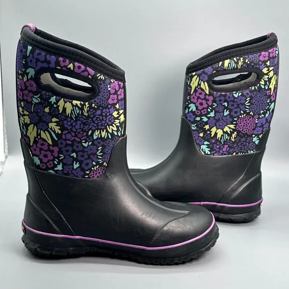 Bogs Classic Northwest Garden Kid's 4 Black Floral Winter Boots Pull-On Ankle