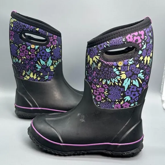 Bogs Classic Northwest Garden Kid's 4 Black Floral Winter Boots Pull-On Ankle