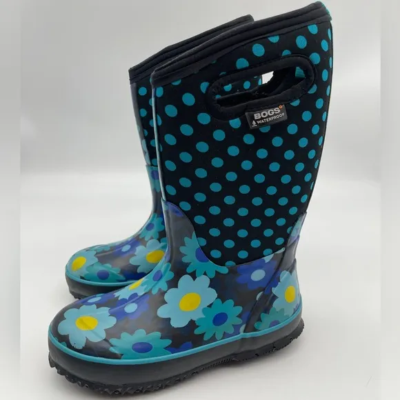 Bogs Flower Dots Winter Classic Boots # 71436-444Youth 1 Blue Yellow Black