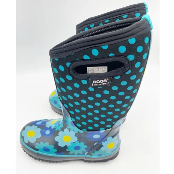 Bogs Flower Dots Winter Classic Boots # 71436-444Youth 1 Blue Yellow Black