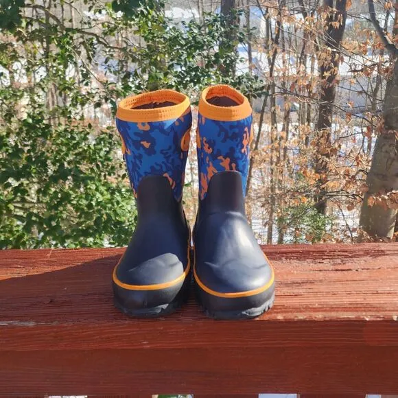 Bogs Grasp Camo Kids Navy Blue Orange Rain Boots Waterproof Outdoors Camp ,Sz 12