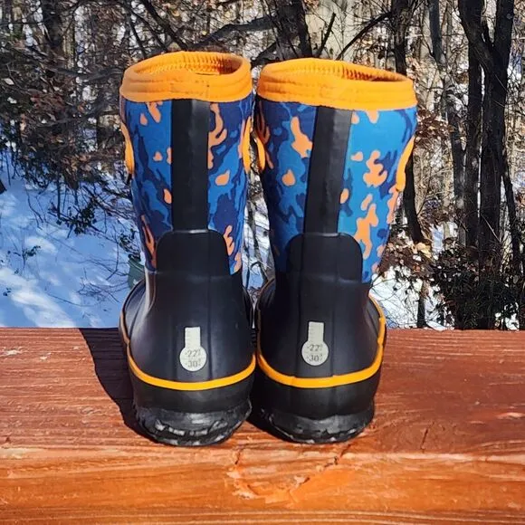 Bogs Grasp Camo Kids Navy Blue Orange Rain Boots Waterproof Outdoors Camp ,Sz 12