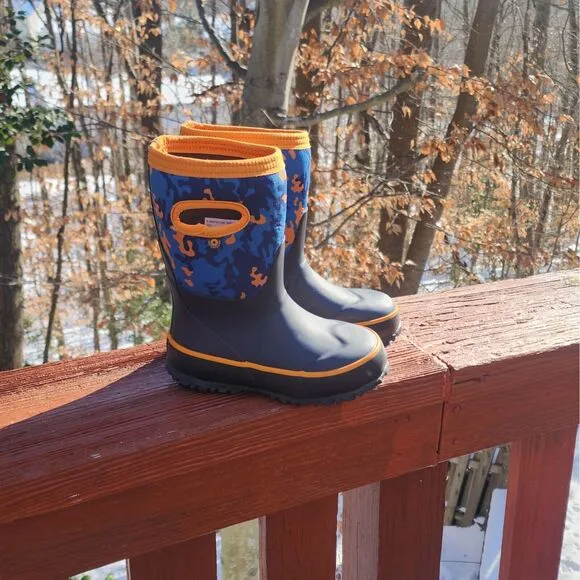 Bogs Grasp Camo Kids Navy Blue Orange Rain Boots Waterproof Outdoors Camp ,Sz 12