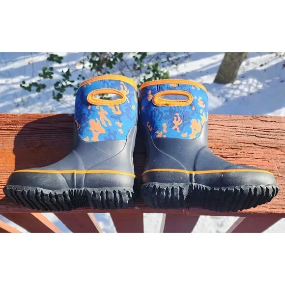 Bogs Grasp Camo Kids Navy Blue Orange Rain Boots Waterproof Outdoors Camp ,Sz 12