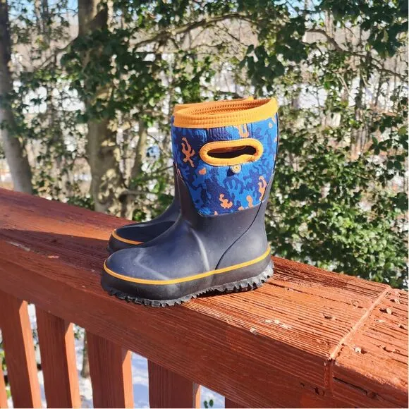 Bogs Grasp Camo Kids Navy Blue Orange Rain Boots Waterproof Outdoors Camp ,Sz 12