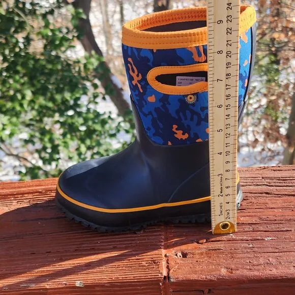 Bogs Grasp Camo Kids Navy Blue Orange Rain Boots Waterproof Outdoors Camp ,Sz 12