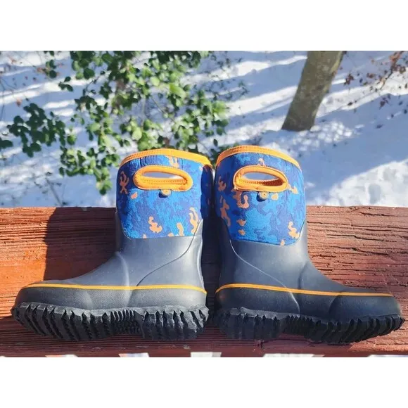 Bogs Grasp Camo Kids Navy Blue Orange Rain Boots Waterproof Outdoors Camp ,Sz 12