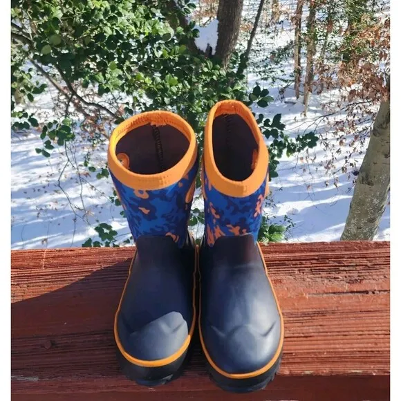 Bogs Grasp Camo Kids Navy Blue Orange Rain Boots Waterproof Outdoors Camp ,Sz 12