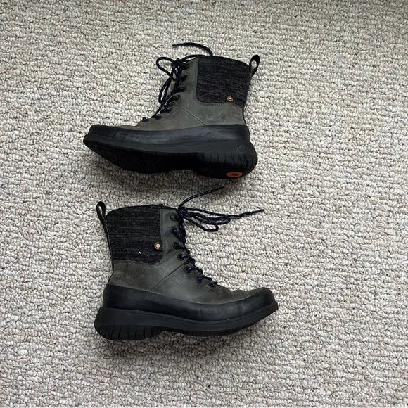 Bogs Womens 7 Freedom Lace Boots High Grey Green Black Waterproof Winter Leather