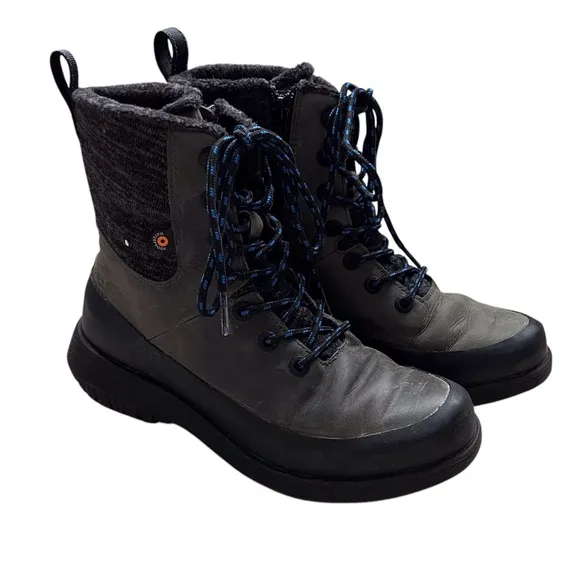 Bogs Womens 7 Freedom Lace Boots High Grey Green Black Waterproof Winter Leather