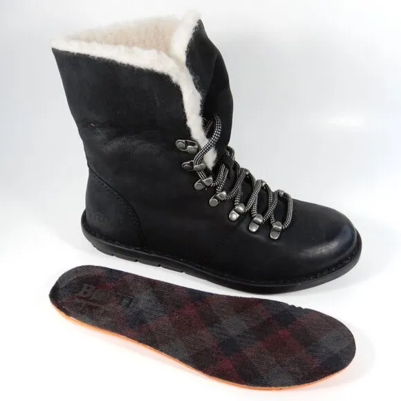 BORN Blaine Shearling Booties Boots Size 38 7 7.5 Black Leather Waterproof NEW