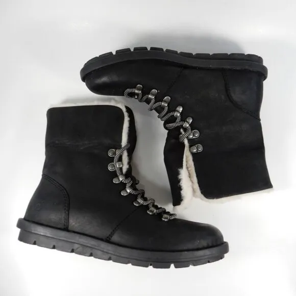 BORN Blaine Shearling Booties Boots Size 38 7 7.5 Black Leather Waterproof NEW