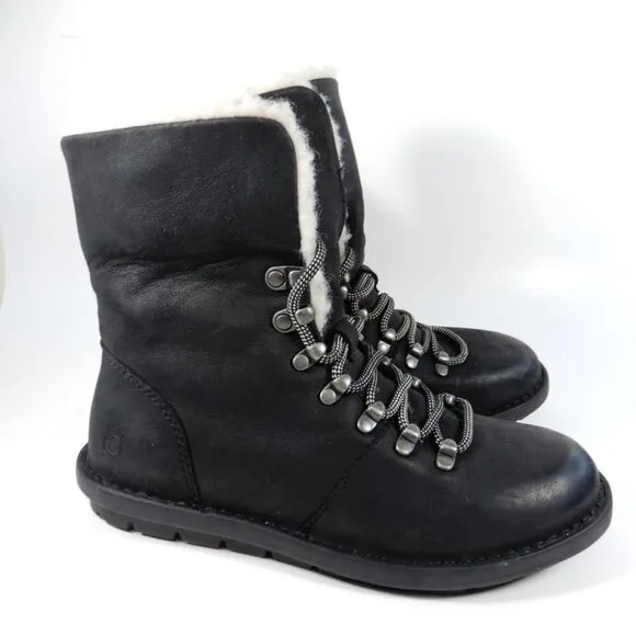 BORN Blaine Shearling Booties Boots Size 38 7 7.5 Black Leather Waterproof NEW
