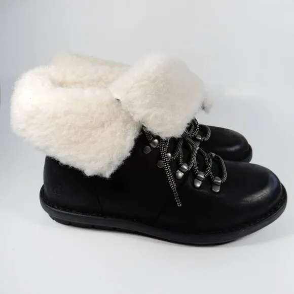 BORN Blaine Shearling Booties Boots Size 38 7 7.5 Black Leather Waterproof NEW