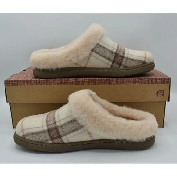 Born Womens Size 7 Ali Winter White Plaid Wool Slip On Slippers Shoes
