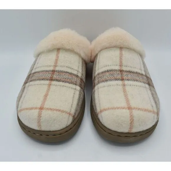 Born Womens Size 7 Ali Winter White Plaid Wool Slip On Slippers Shoes