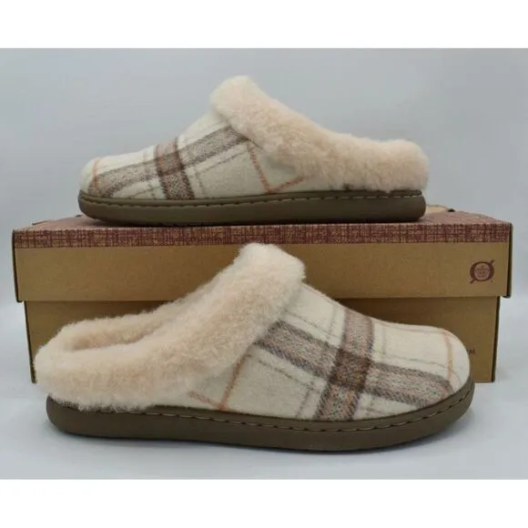 Born Womens Size 7 Ali Winter White Plaid Wool Slip On Slippers Shoes