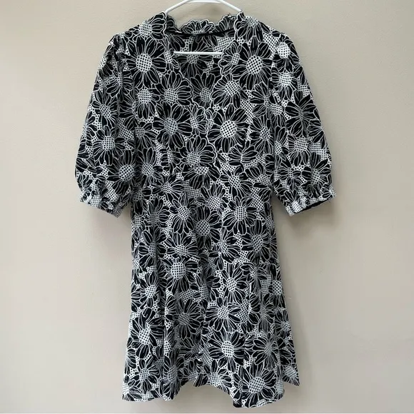 Boston Proper 100% Cotton Black White Floral Lace Puff Sleeve Midi Dress Size 12
