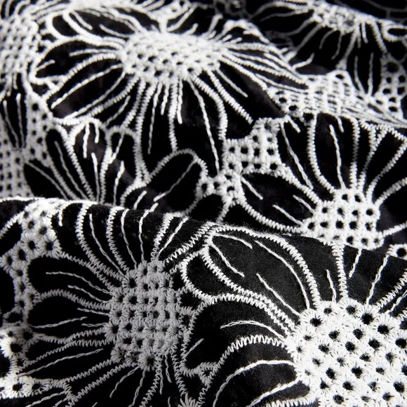 Boston Proper 100% Cotton Black White Floral Lace Puff Sleeve Midi Dress Size 12