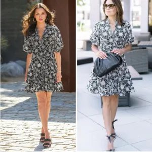 Boston Proper 100% Cotton Black White Floral Lace Puff Sleeve Midi Dress Size 12