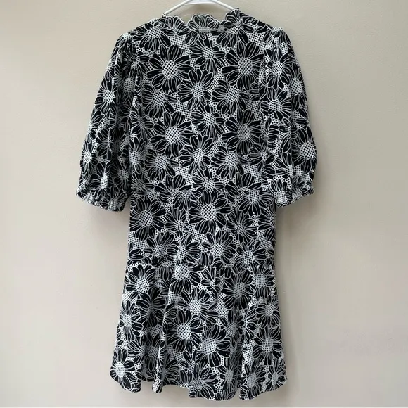 Boston Proper 100% Cotton Black White Floral Lace Puff Sleeve Midi Dress Size 12