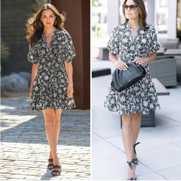 Boston Proper 100% Cotton Black White Floral Lace Puff Sleeve Midi Dress Size 12