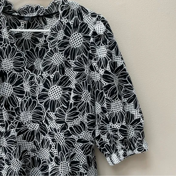 Boston Proper 100% Cotton Black White Floral Lace Puff Sleeve Midi Dress Size 12