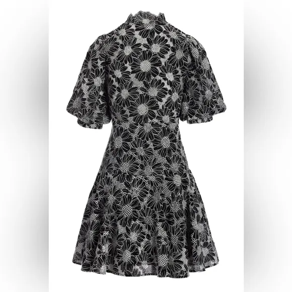 Boston Proper 100% Cotton Black White Floral Lace Puff Sleeve Midi Dress Size 12