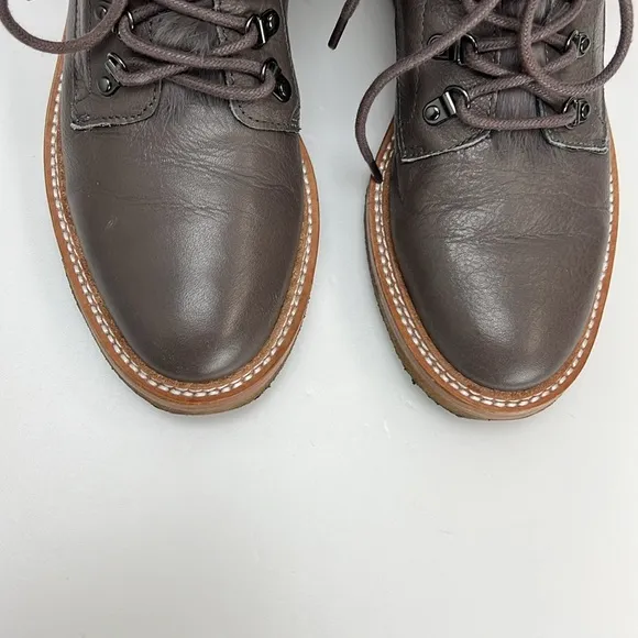 Botkier Gray Leather Lace Up Ankle Boots Winter Hiking Fur Trim Womens 7.5