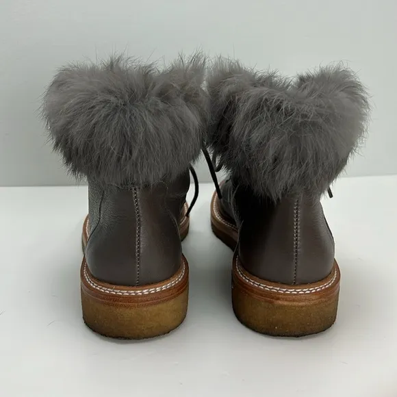 Botkier Gray Leather Lace Up Ankle Boots Winter Hiking Fur Trim Womens 7.5