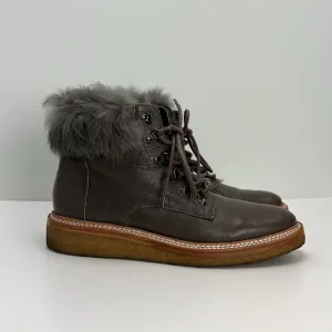 Botkier Gray Leather Lace Up Ankle Boots Winter Hiking Fur Trim Womens 7.5
