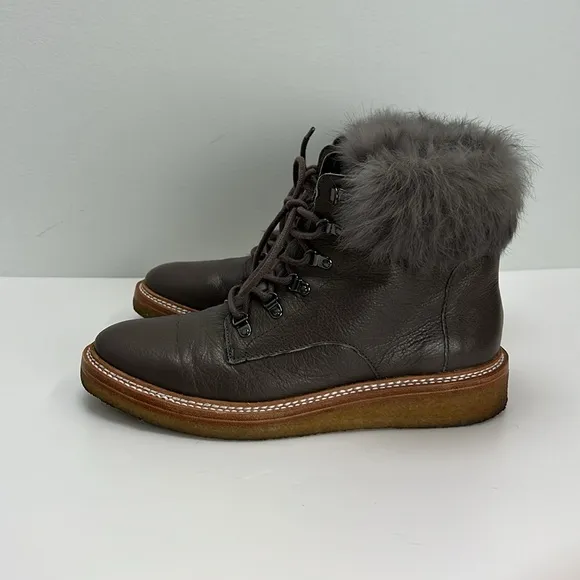 Botkier Gray Leather Lace Up Ankle Boots Winter Hiking Fur Trim Womens 7.5