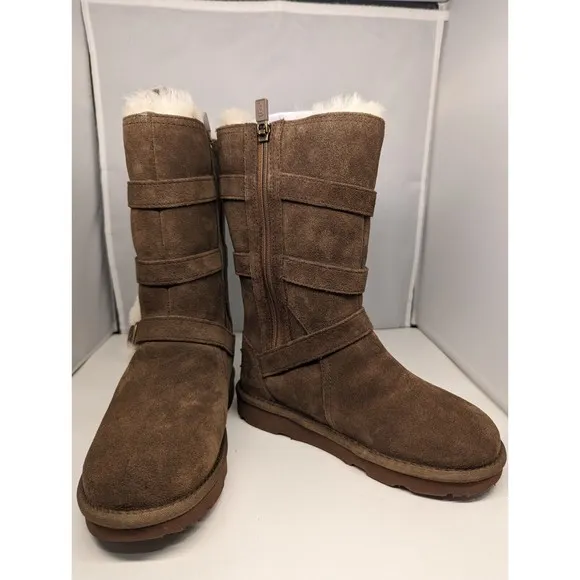 Brand New with Box Youth size 13 Brown High UGG Suede Boots Faux Fur Inside