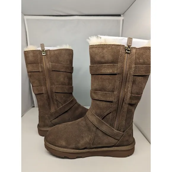 Brand New with Box Youth size 13 Brown High UGG Suede Boots Faux Fur Inside