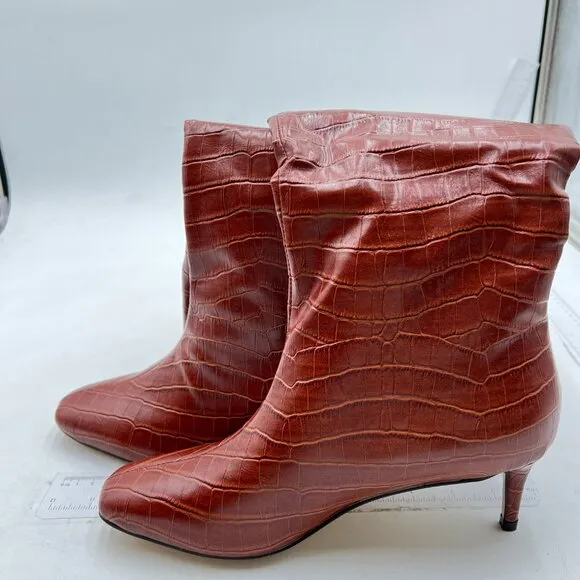 Brown Crocodile Stretchy Knee High Boot Square Toe Kitten Heels Long Boots