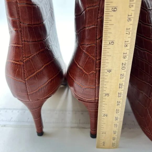 Brown Crocodile Stretchy Knee High Boot Square Toe Kitten Heels Long Boots
