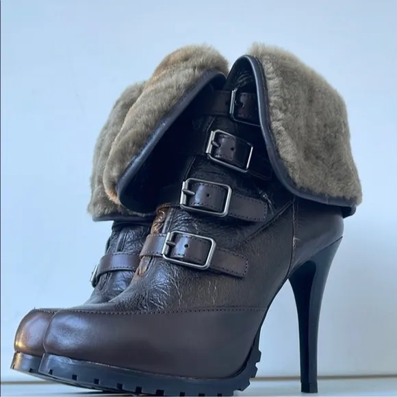 Brown Heeled Boots with Fur Trim and Buckles