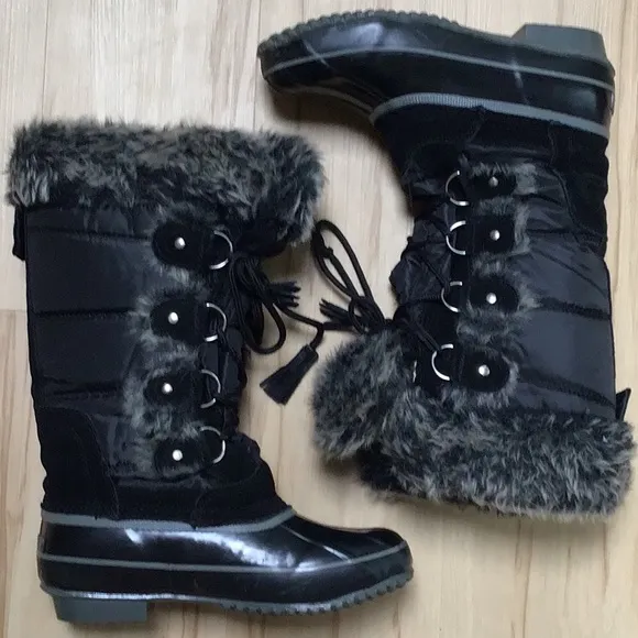 Bryce Black &amp; Grey Steel Shank Cold Winter &amp; Rain Faux Fur Lined Boots Sz 6 NWOT