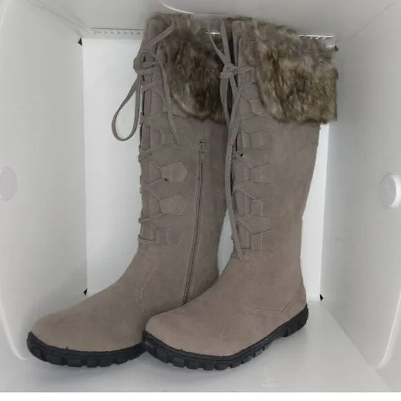 Bucco Capensis Designer Womens NEW Knee High Tan Suede, Faux Fur Boots - sz. 10