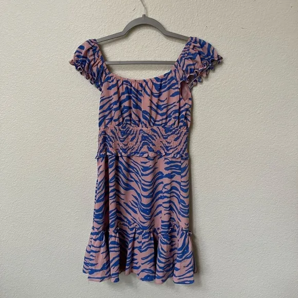 BUDDY LOVE | Spring Summer Zebra Print Ruched Mini Dress in Pink &amp; Blue | Size S